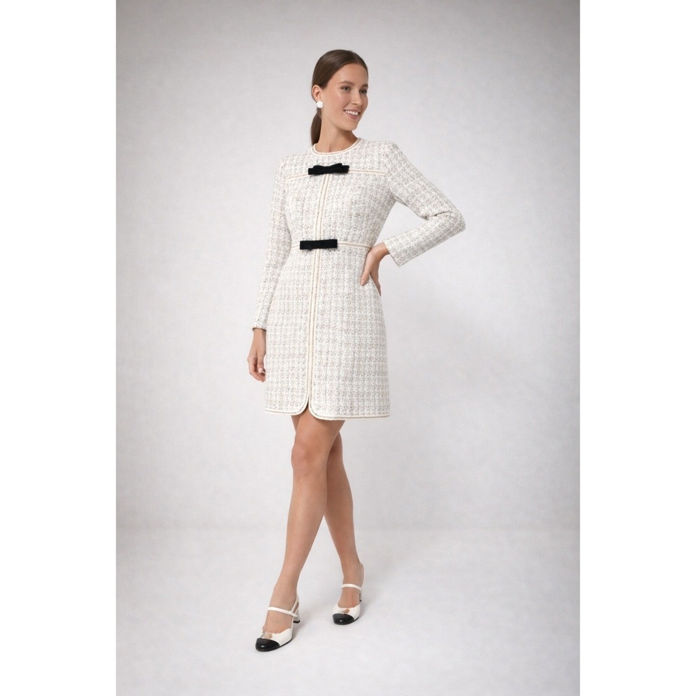 Pomander Place Women's Ivory Bow Tweed Brigitta Long Sleeve Mini Dress Size L